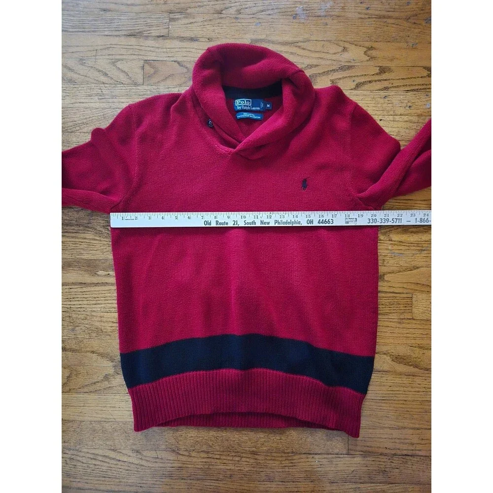 Polo Ralph Lauren Men's Shawl Collar Sweater Red Navy Striped Cotton Size Medium